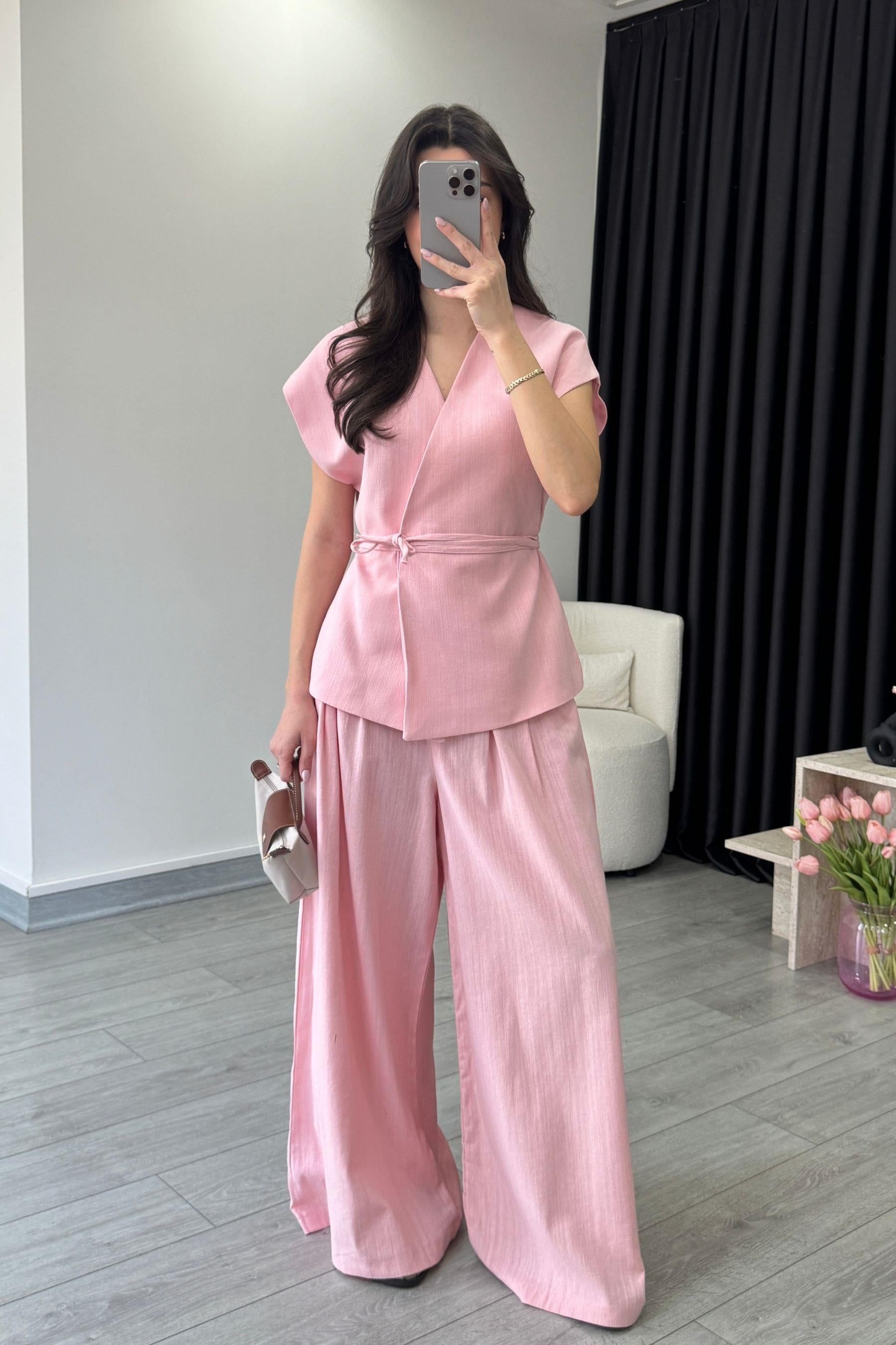 Romy Pembe Keten Yelek Pantolon Takım