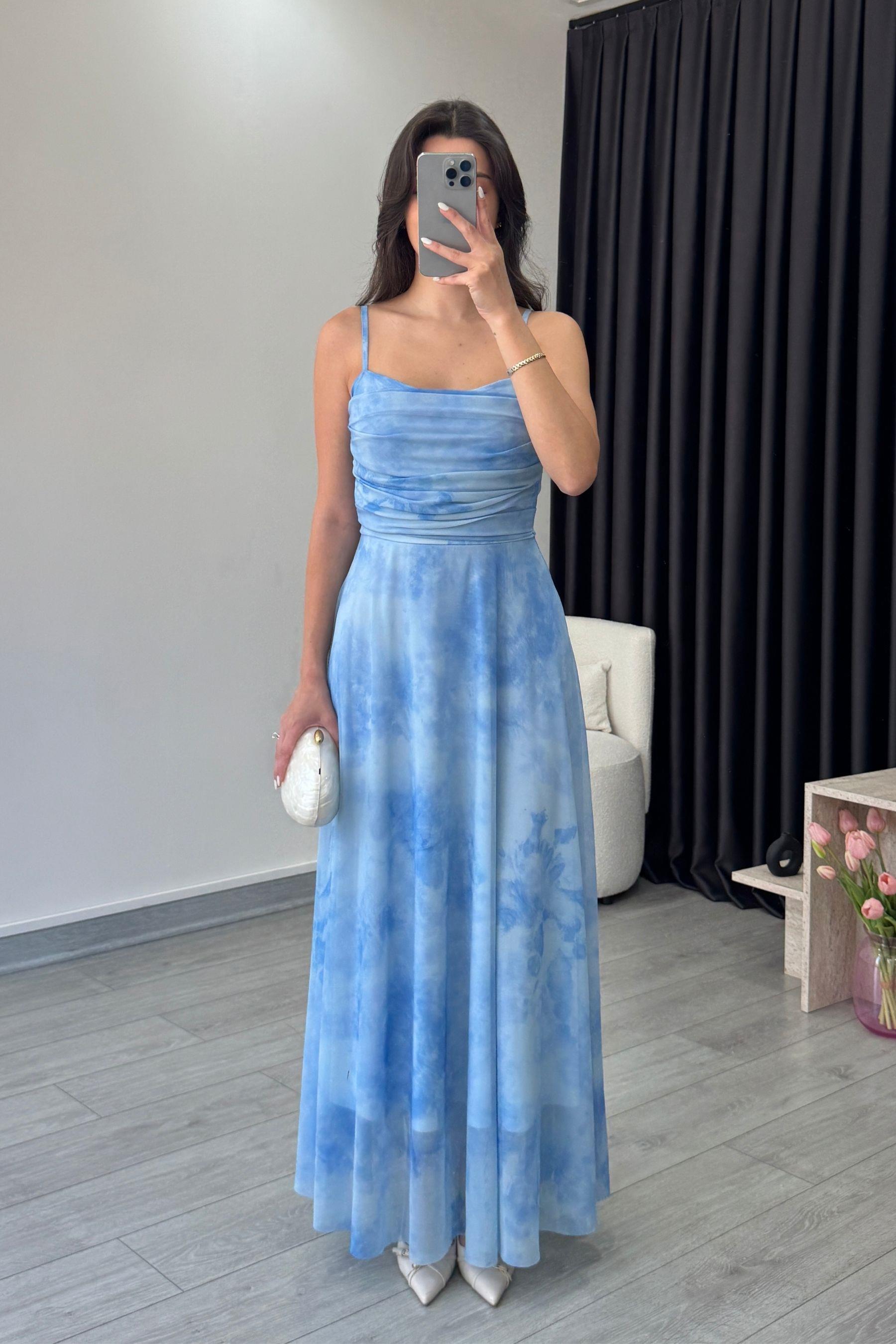 Rose Mavi Askılı Tül Elbise 