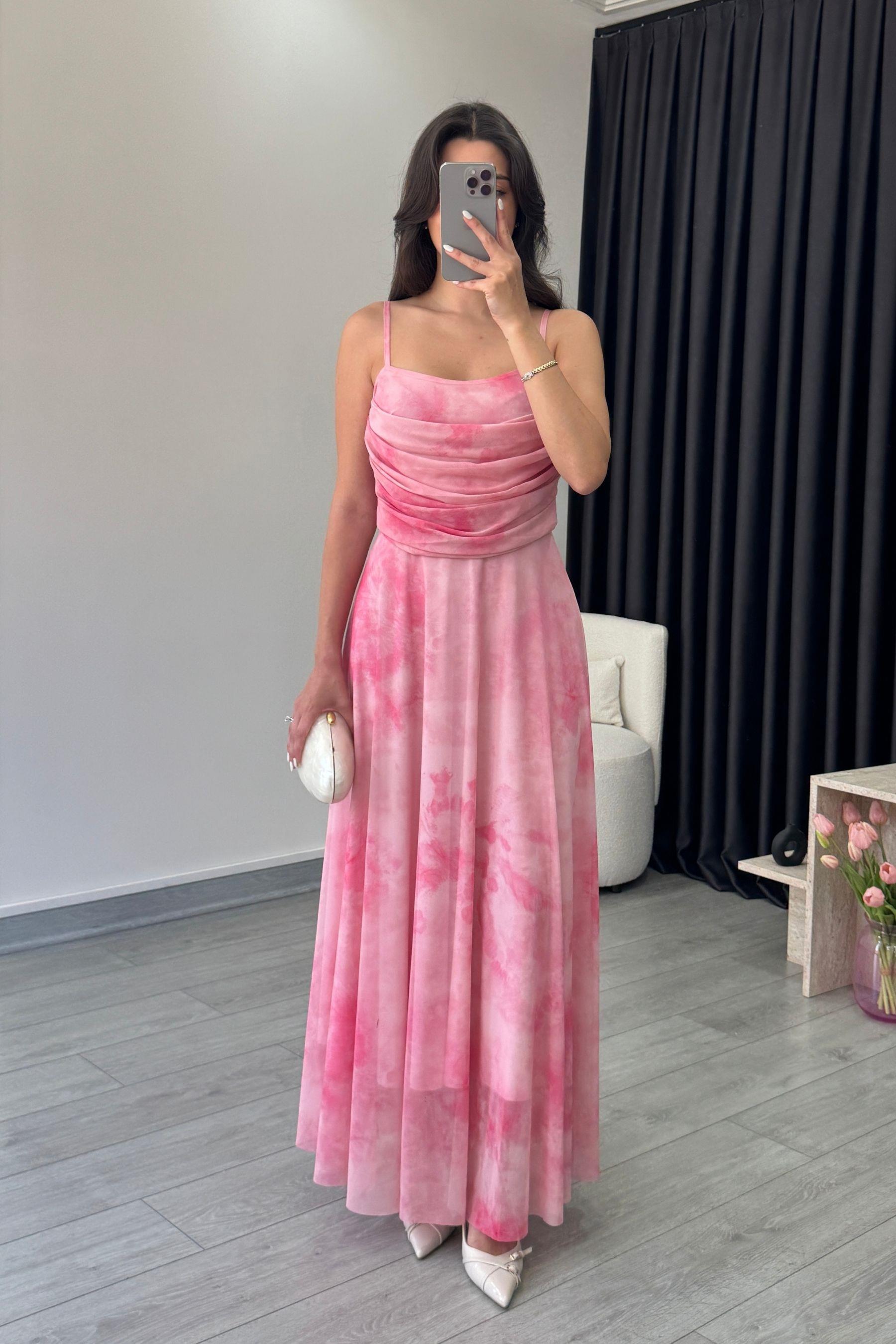 Rose Pembe Askılı Tül Elbise 