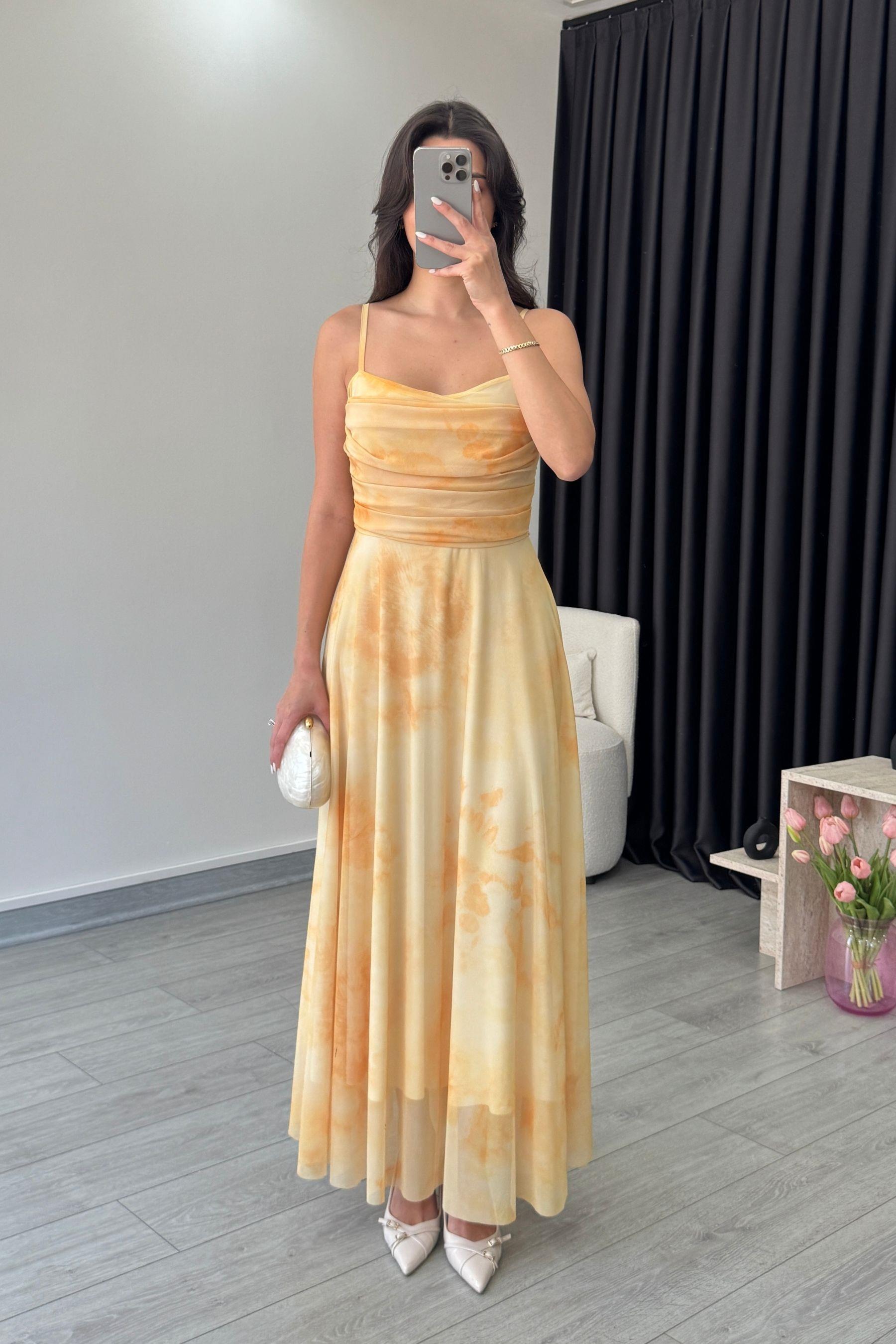 Rose Sarı Askılı Tül Elbise 