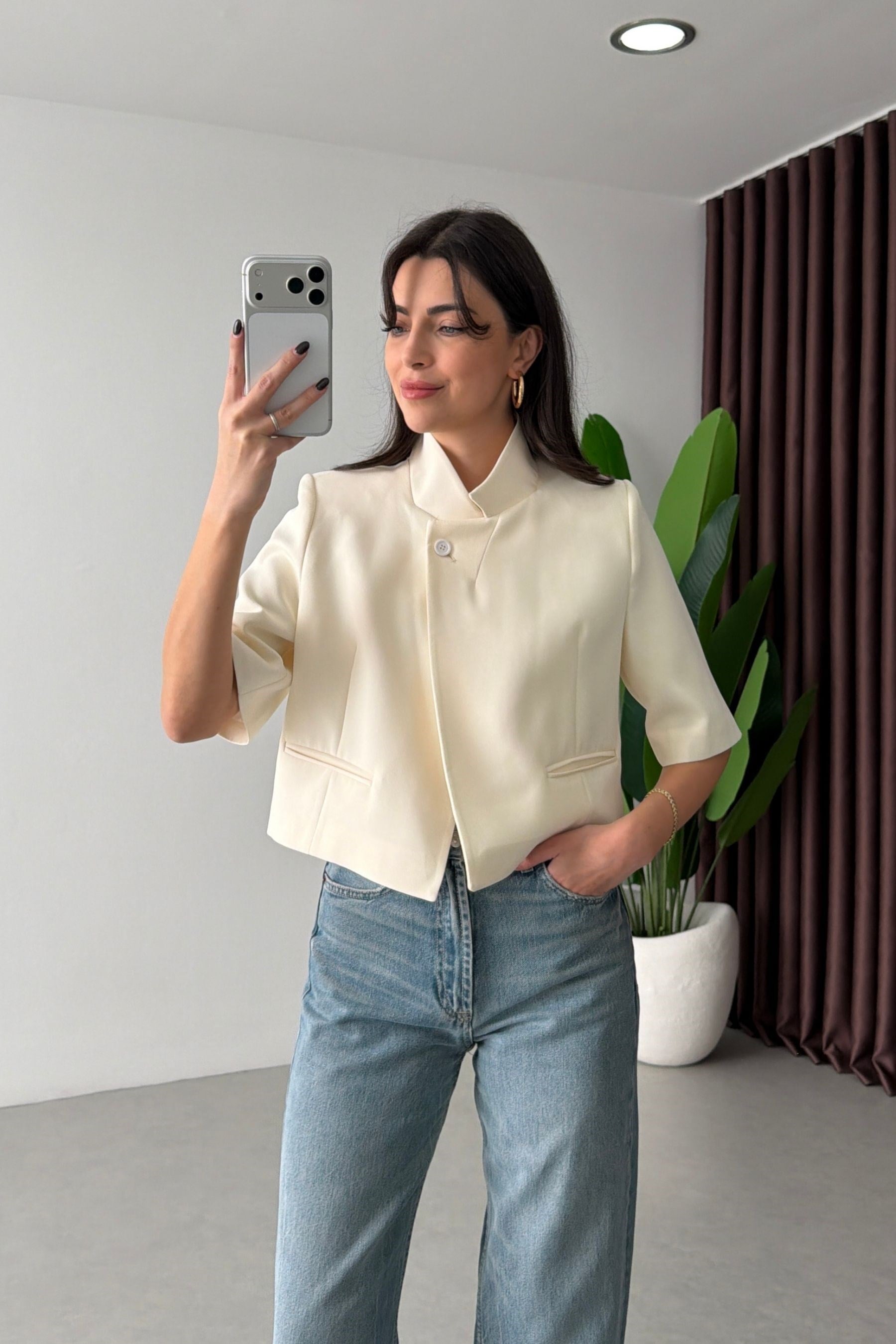 Sage Ekru Dik Yaka Crop Ceket