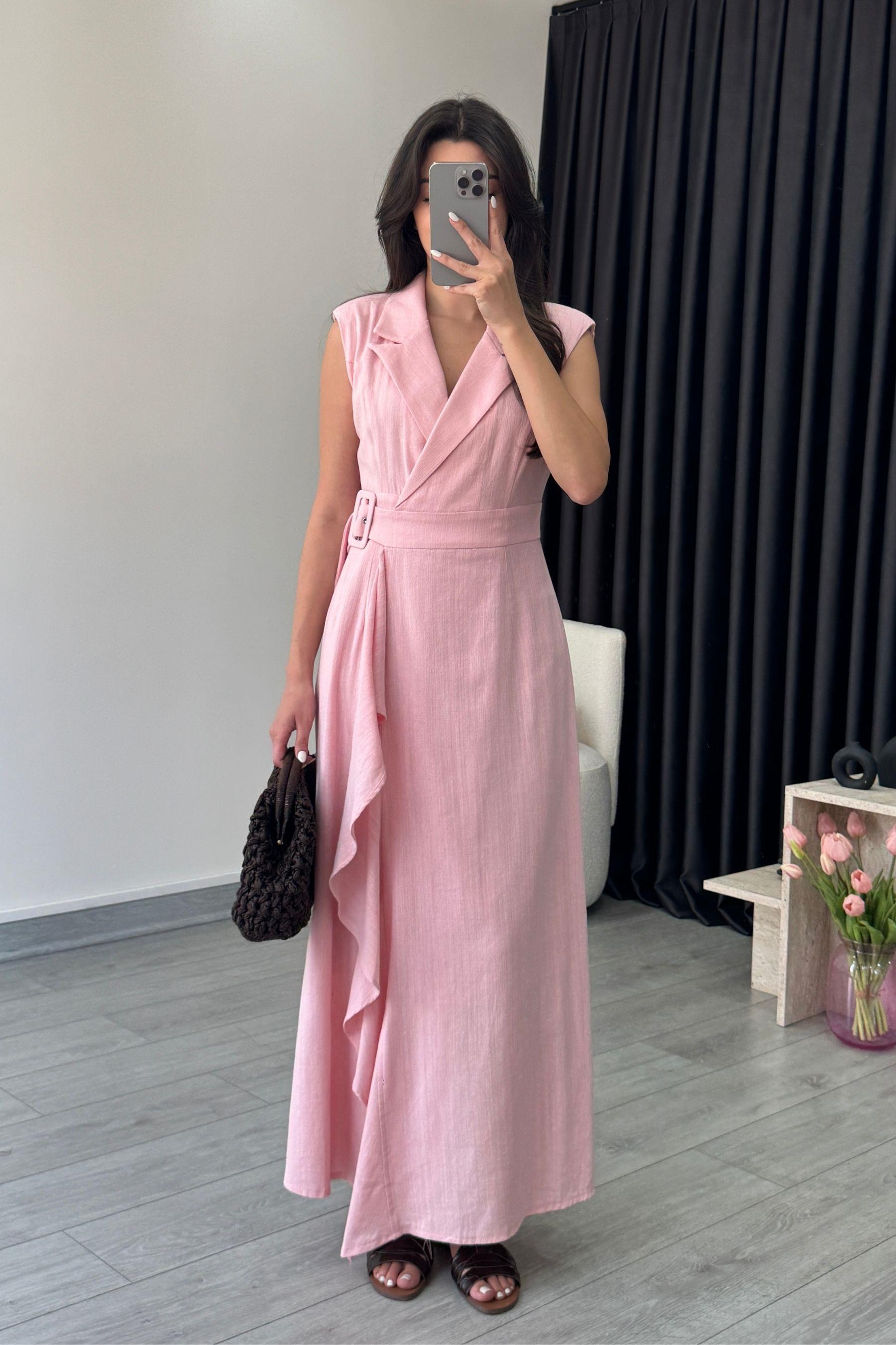 Sara Pembe Kruvaze Kesim Keten Elbise