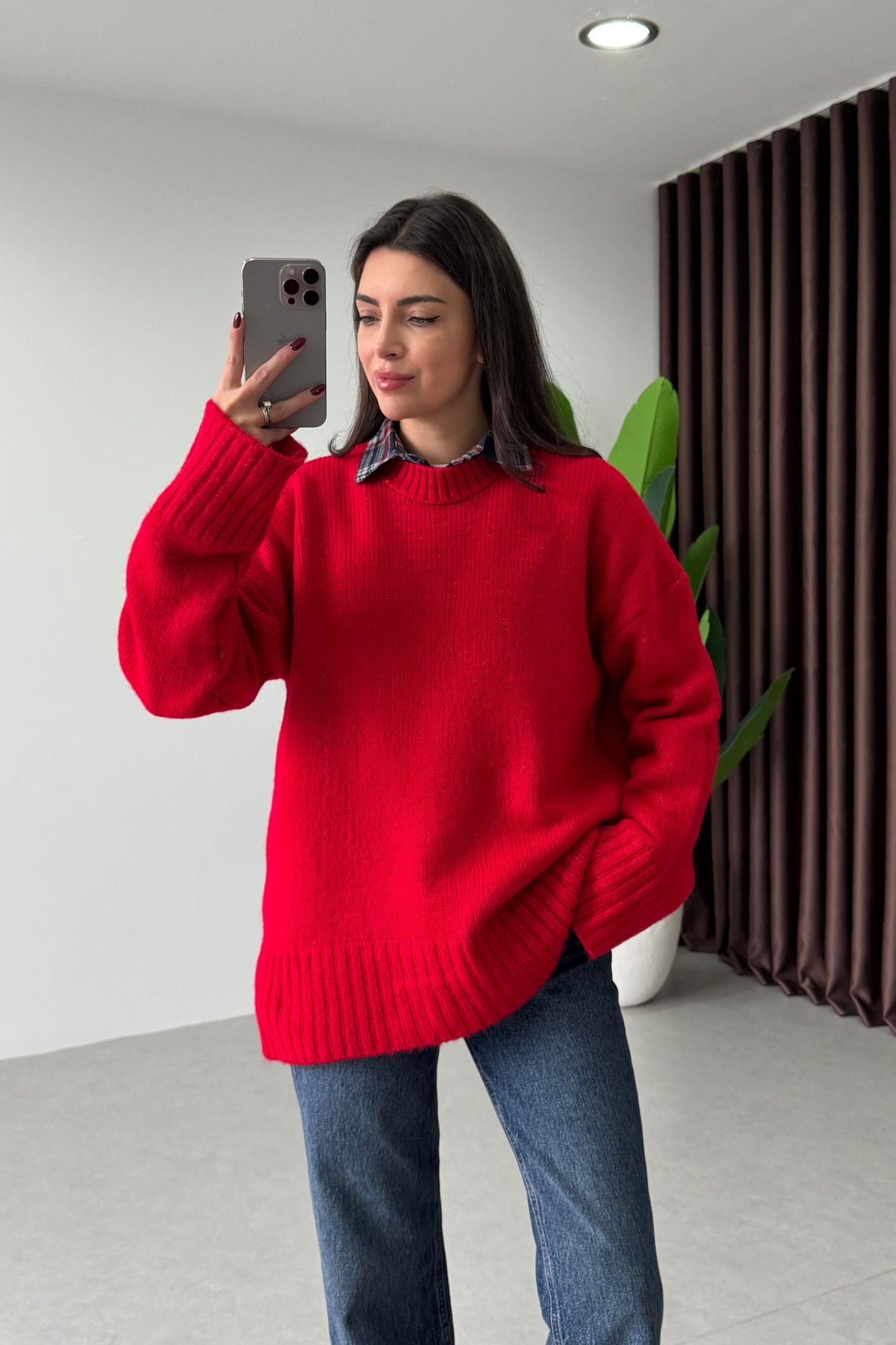Shona Kırmızı Oversize Kazak