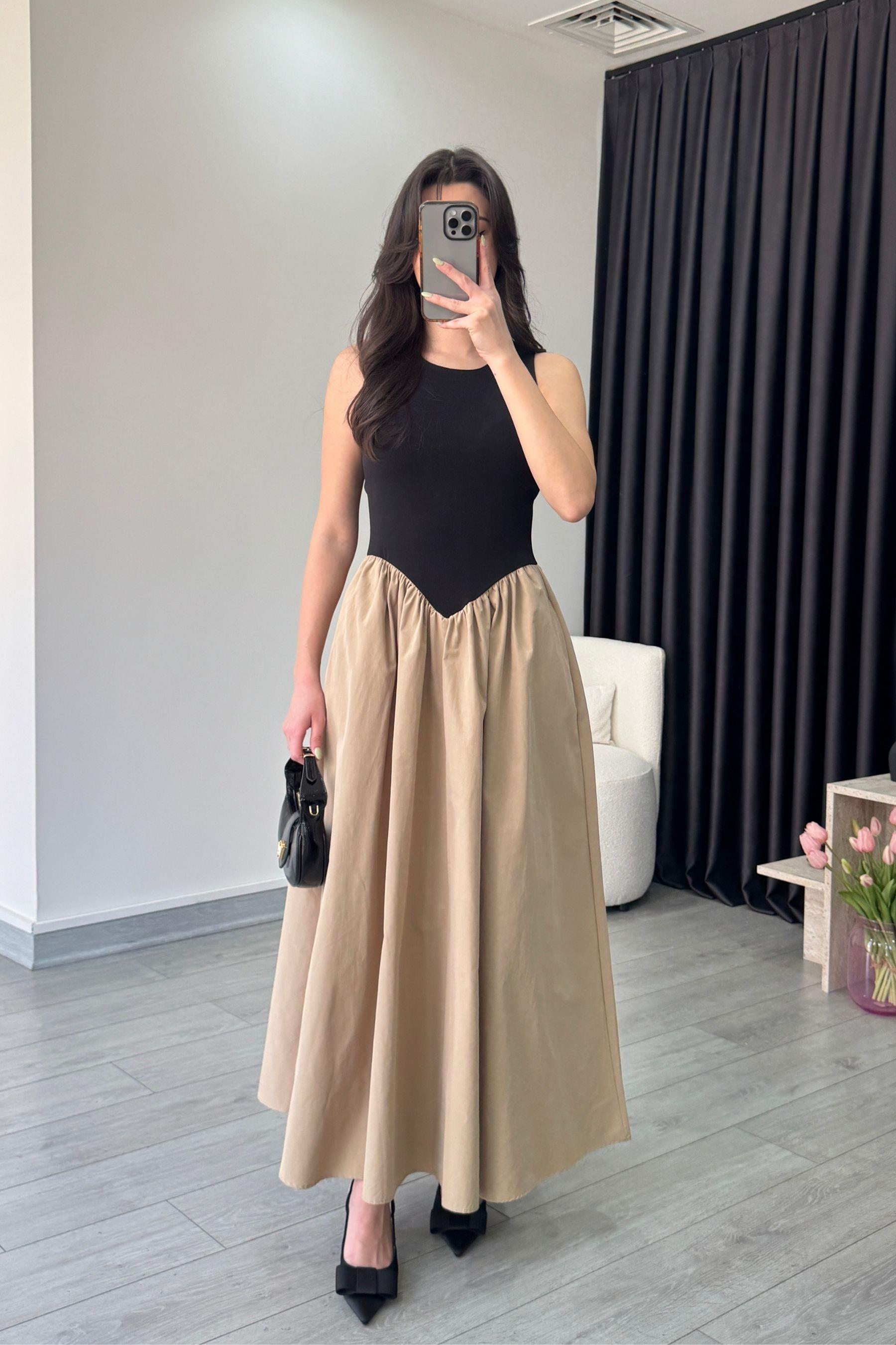 Sıfır Kol Taba Siyah Elbise