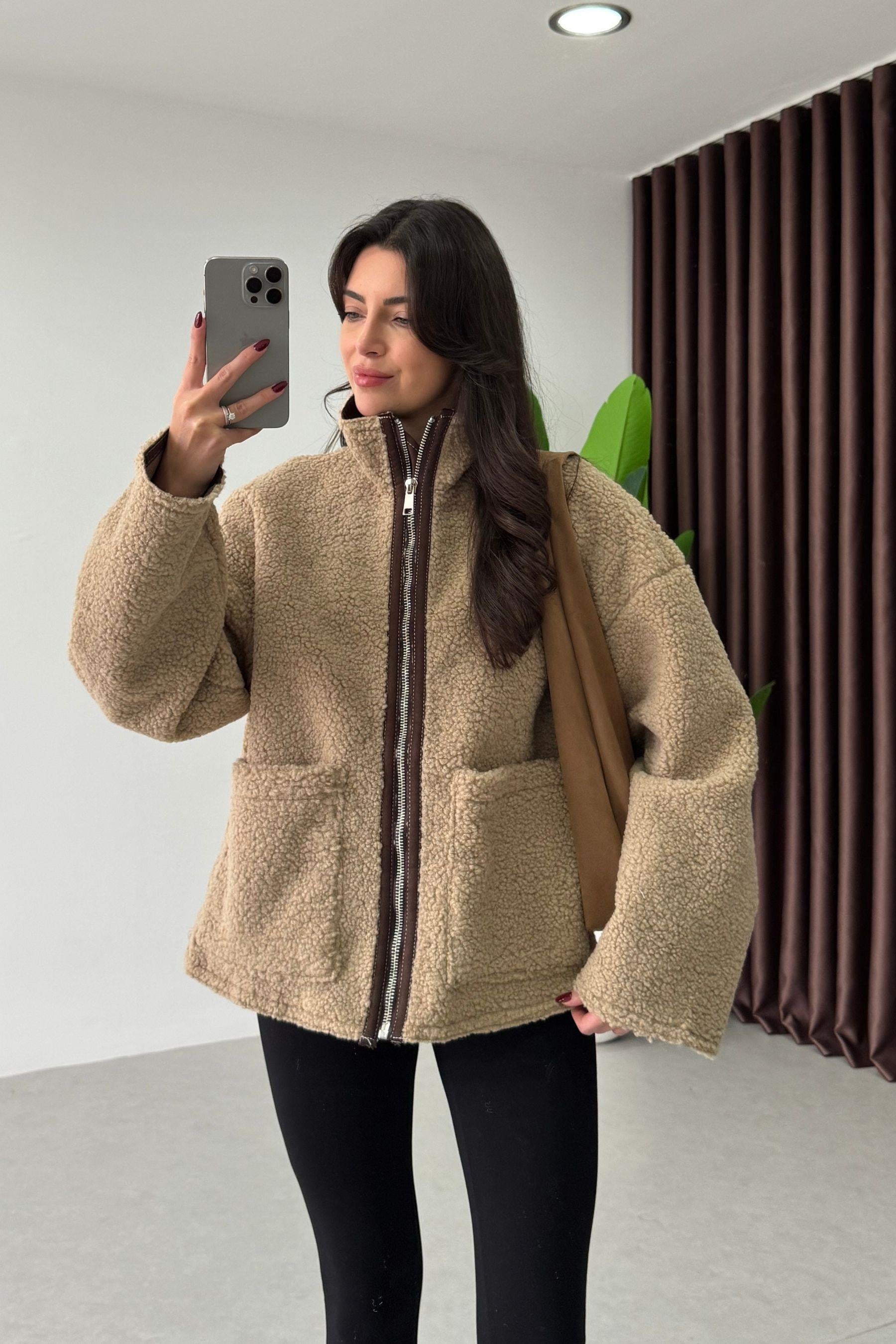 Teddy Bej Biyeli Peluş Ceket