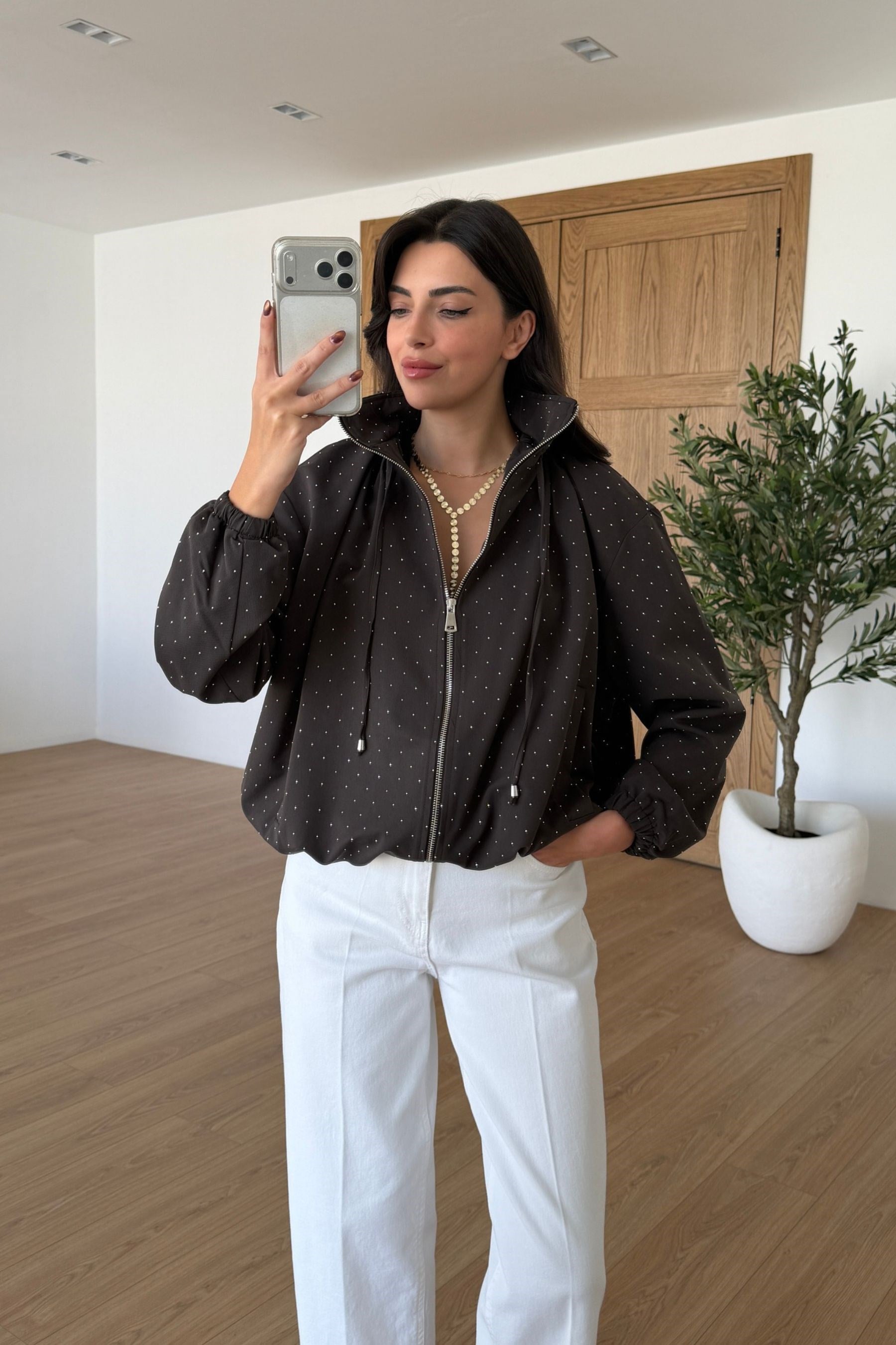 Tracy Kahve Taşlı Tasarım Bomber Ceket