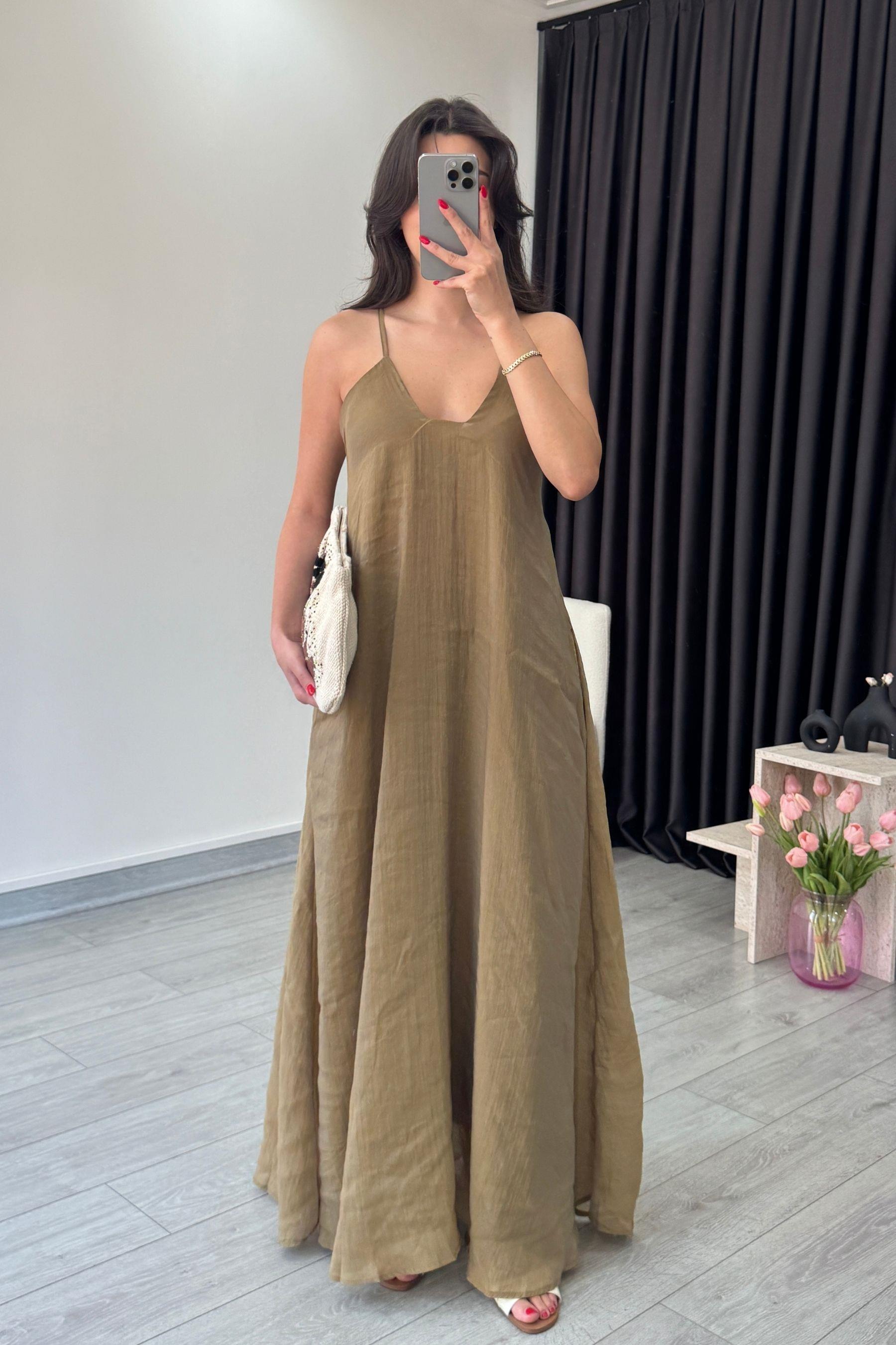 Tres Haki İp Askılı Maxi Elbise
