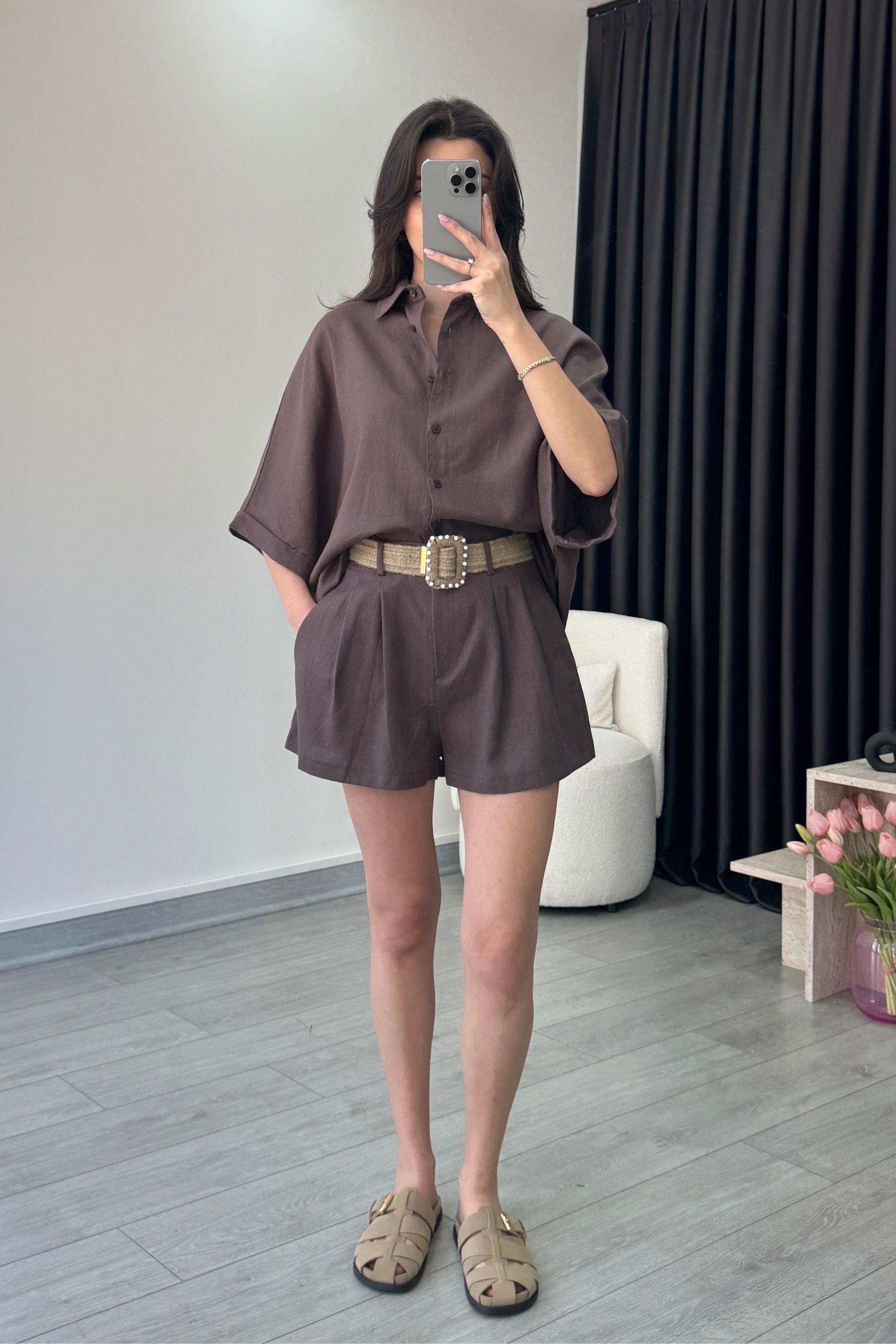 Vesper Kahve Keten Gömlek Şort Takım