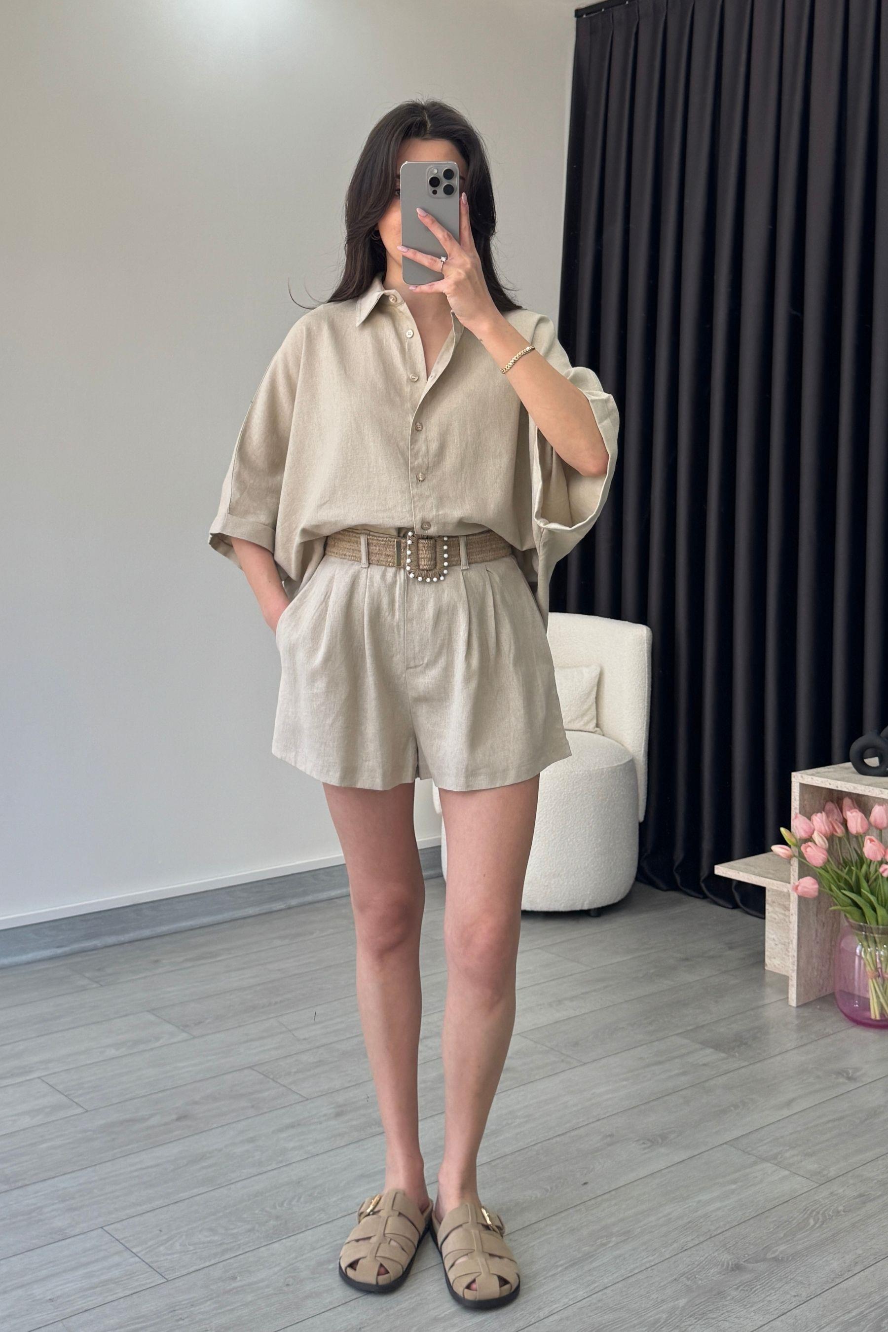 Vesper Natural Keten Gömlek Şort Takım