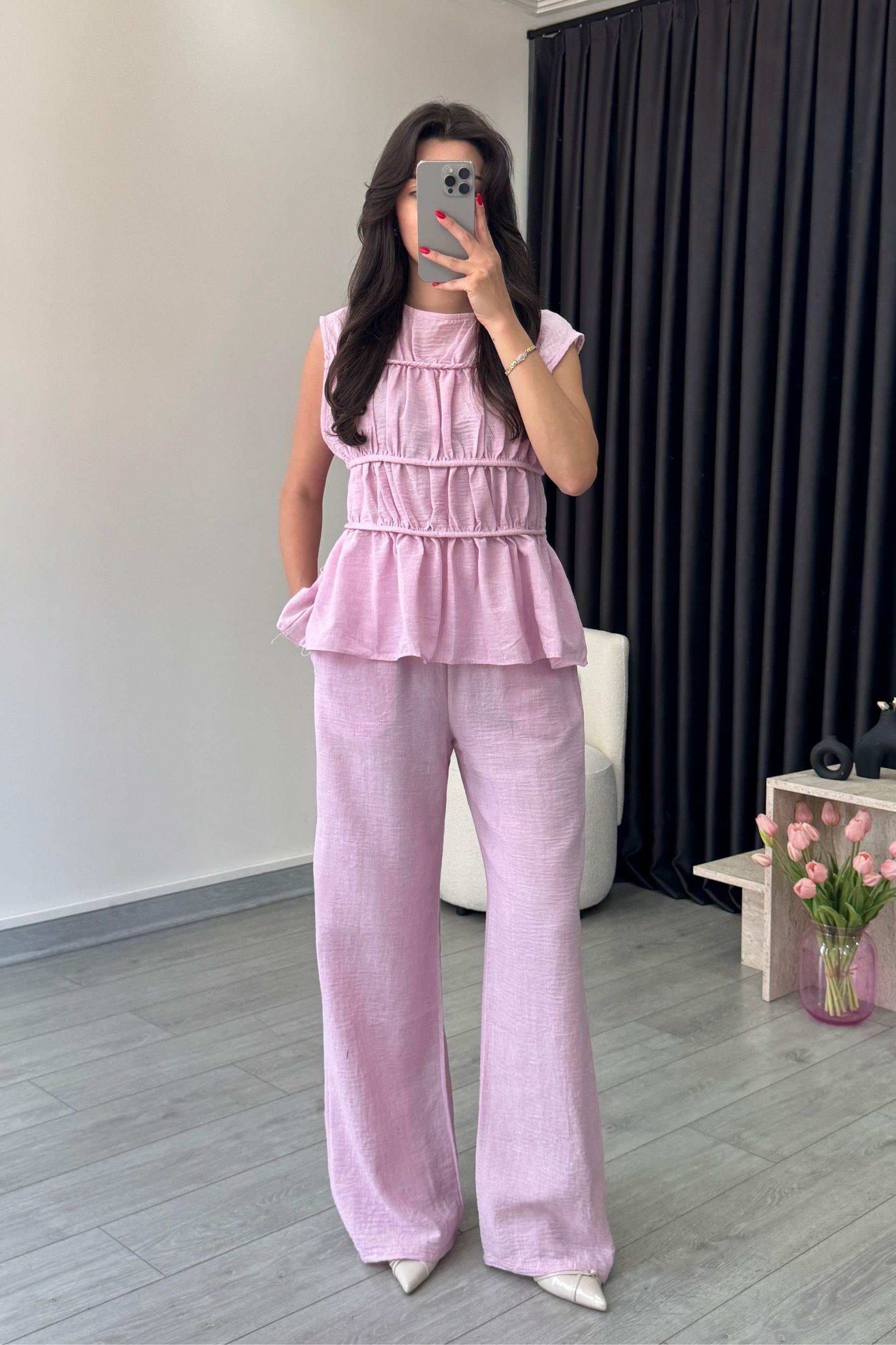 Via Pembe Keten Bluz Pantolon Takım
