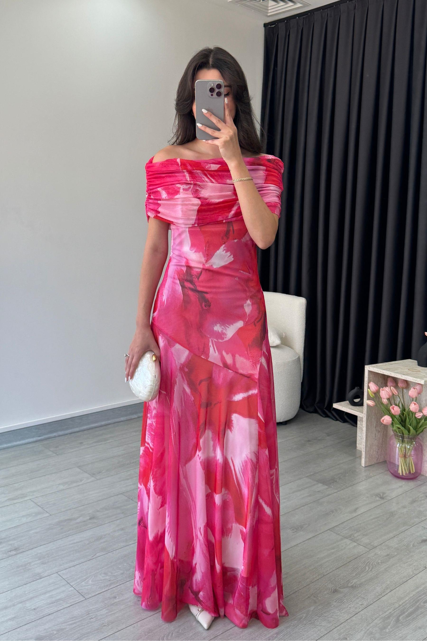 Yena Pembe Omuz Dekolteli Tül Elbise
