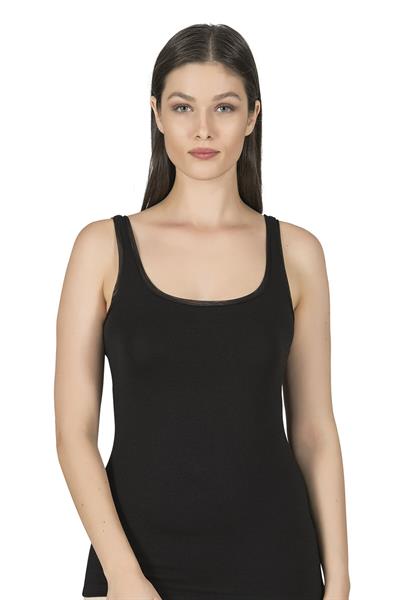 Kadın Likralı Tül Biyeli Pamuklu Modal Atlet | Siyah K25493