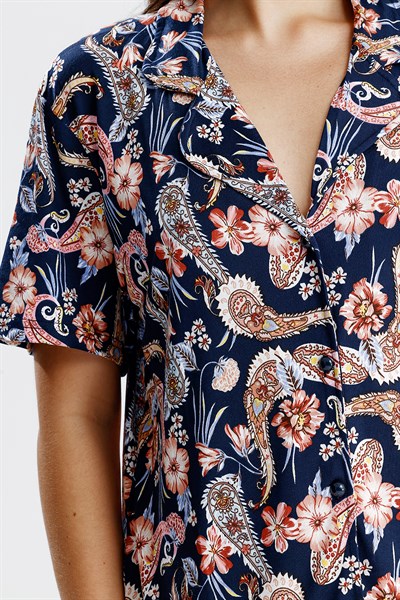 Kadın Düğmeli  Şal Desen Kısa Kollu Pijama Takım 