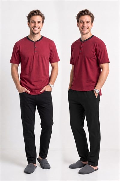 Erkek Genç %100 Pamuk Önü Patlı Pijama Takımı | Bordo 021