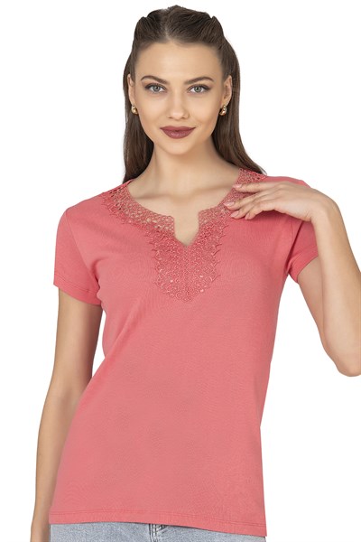 Kadın Ribana Güpürlü Kısa Kol Pamuklu Bluz | Somon 2175