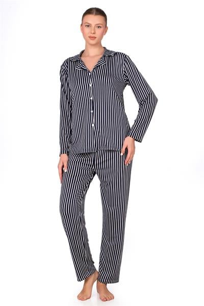 Lizbon Kumaş İçi Şardonlu Çizgili Önden Düğmeli Kadın Pijama Takımı