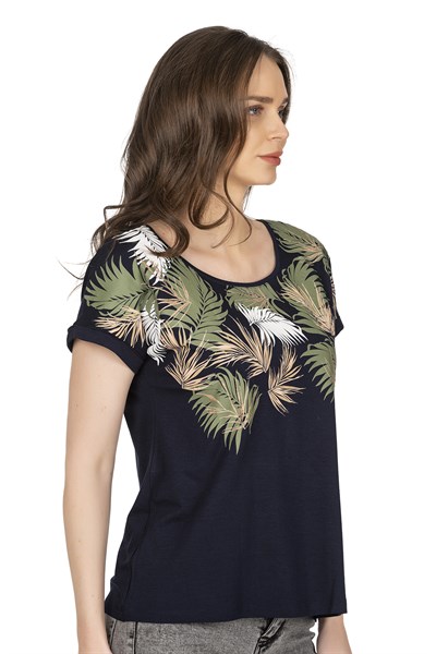 Kadın Desenli Viskon Kısa Kol Bluz | Lacivert 25790