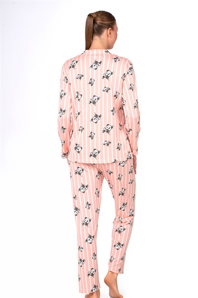 Lizbon Kumaş İçi Şardonlu Somon Panda Desenli Çizgili Önden Düğmeli Kadın Pijama Takımı