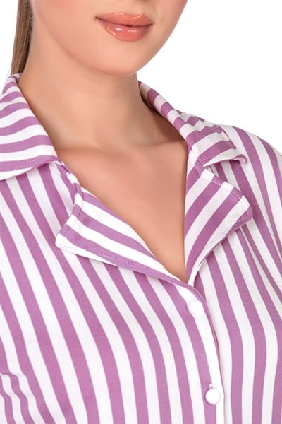 Mor Çizgili Lizbon Kumaş İçi Şardonlu Önden Düğmeli Kadın Pijama Takımı