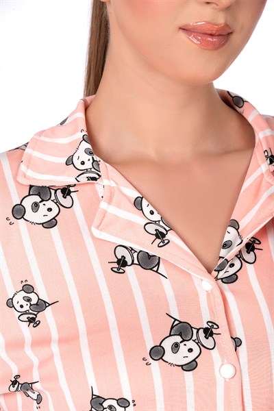 Lizbon Kumaş İçi Şardonlu Somon Panda Desenli Çizgili Önden Düğmeli Kadın Pijama Takımı