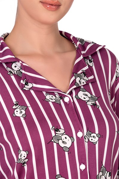 Lizbon Kumaş Mürdüm Panda Desenli Çizgili Önden Düğmeli Kadın Pijama Takımı