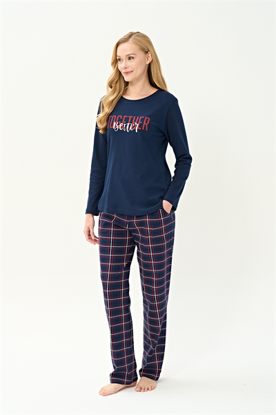 Kadın İnterlok Eşli Bisiklet Yaka Pijama Takım | Lacivert 3251