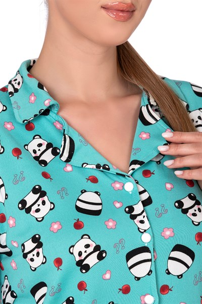 Lizbon Kumaş Turkuaz Panda Desenli Önden Düğmeli Kadın Pijama Takımı