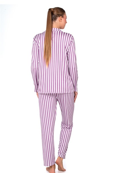 Mor Çizgili Lizbon Kumaş İçi Şardonlu Önden Düğmeli Kadın Pijama Takımı