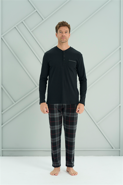 Erkek İnterlok Genç Önü Patlı Pijama Takım | Siyah 2233