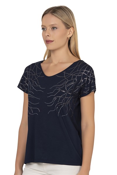 Kadın Kısa Kol Taş Süslemeli Viskon Bluz | Lacivert 25908