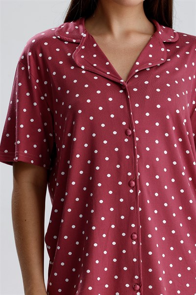Kadın Düğmeli Puantiye Desen Kısa Kollu Pijama Takım | Mürdüm