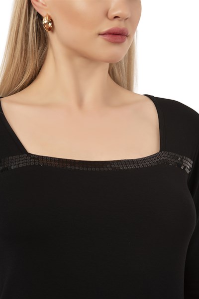 Kadın Viskon Pul Nakışlı Uzun Kol Bluz | Siyah 7429