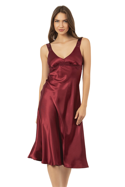 Kadın Saten Dantel Detaylı Midi Gecelilk Sabahlık Takım | Bordo 7837