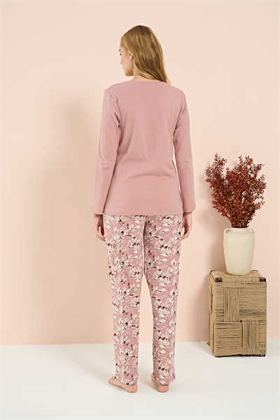 Kadın İnterlok Genç Desenli Önü Patlı Pijama Takım | Gül Kurusu 3209
