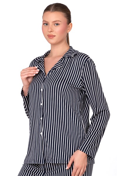 Lizbon Kumaş İçi Şardonlu Çizgili Önden Düğmeli Kadın Pijama Takımı