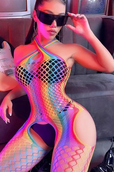 File Renkli Halter Yaka Fantezi Vücut Çorabı | 5001