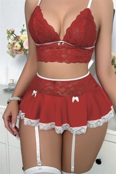 Dantel Büstiyer Jartiyer Etekli Kostüm | Kırmızı 7047-1