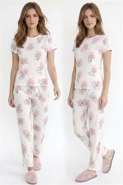 Kadın Bisiklet Yaka Yumuşak Dokulu Büyük Ayıcık Desenli Kısa Kol pijama Takım | Ekru 70132-3293