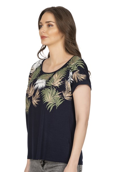 Kadın Desenli Viskon Kısa Kol Bluz | Lacivert 25790