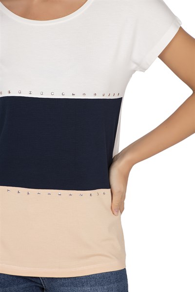 Kadın Renk Bloklu Taş Detaylı Kısa Kol Bluz | Beyaz 25874