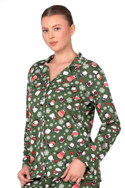 Lizbon Kumaş İçi Şardonlu Yeşil Kış Desenli Önden Düğmeli Kadın Pijama Takımı