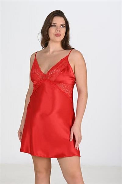 Dantel Detaylı Büyük Beden Kısa Gecelik Sabahlık Takım | Kırmızı 6207