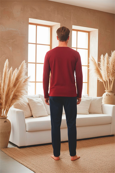 Erkek Uzun Kollu 4 Mevsim Penye Süprem Önü Patlı Pijama Takımı | Bordo 800