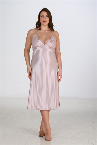 Kadın Saten Yırtmaçlı Sırt Detay Büyük Beden Gecelik | Pudra 2201