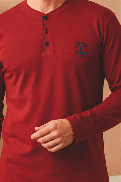 Erkek Uzun Kollu 4 Mevsim Penye Süprem Önü Patlı Pijama Takımı | Bordo 800