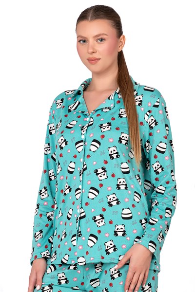 Lizbon Kumaş Turkuaz Panda Desenli Önden Düğmeli Kadın Pijama Takımı