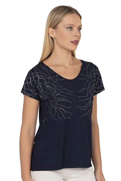 Kadın Kısa Kol Taş Süslemeli Viskon Bluz | Lacivert 25908