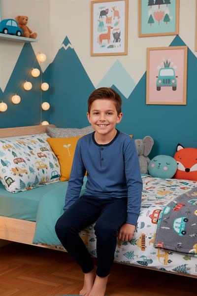 Erkek Çocuk İnterlok Bisiklet Yaka Pijama Takımı | İndigo 205