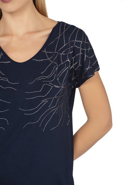 Kadın Kısa Kol Taş Süslemeli Viskon Bluz | Lacivert 25908