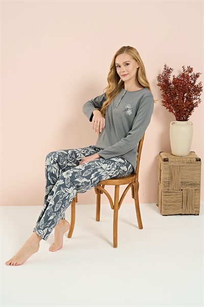 Kadın İnterlok Genç Desenli Önü Patlı Pijama Takım | Gri 3212